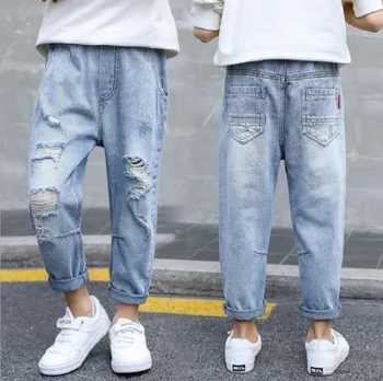 2021 primăvara și toamna de moda noua personalitate băieți străpuns blugi baieti simplu casual culoare solidă Slim Fit Jeans Pantaloni