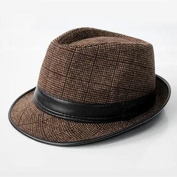 Fibonacci Mens Pălării Negre Panama Pălărie De Moda Imita Lana De Sex Masculin Gangster Trilby Capac Petrecere Casual Margine Largă Anglia Jazz Pălării