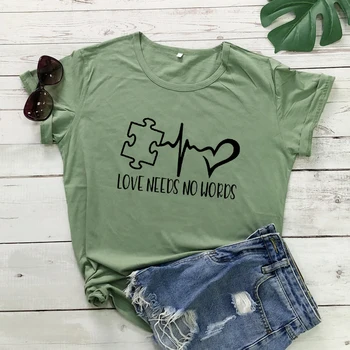 Dragostea Nu are Nevoie de Cuvinte din Bumbac tricou Amuzant Puzzle Bucată Inimii Graphic Tee Camasa Top Femei Drăguț Conștientizării Autismului Tricou